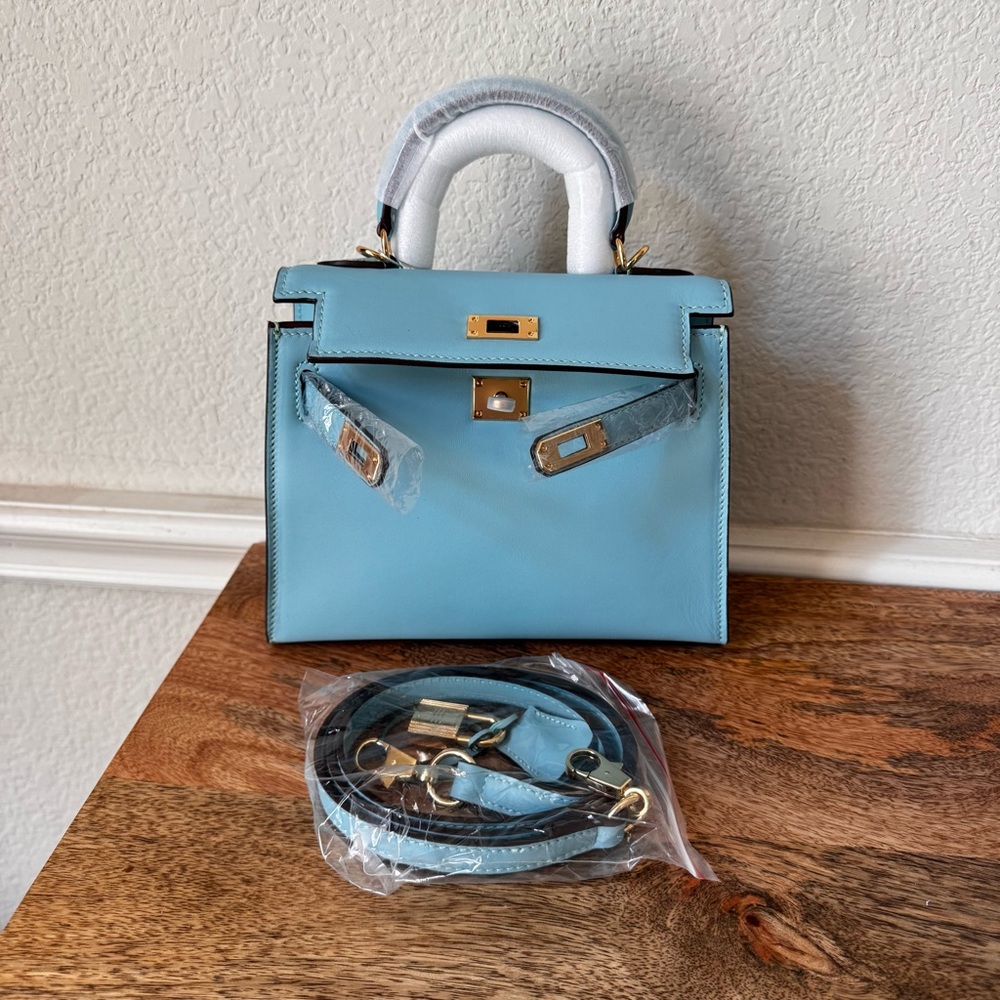 LEATHER INSIDE & OUT | Aqua Sky Mini 22 Sellier Belted KL Top Handle w/ Gold S17 - Picture 11 of 14